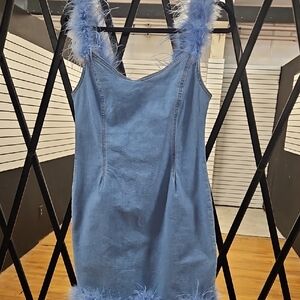 Blue Denim Dress with Feather Trim